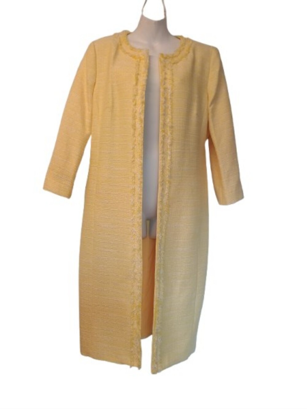 NWT Albert Nipon Tweed Open Cardigan Trench Coat Fringe Trim Size:14